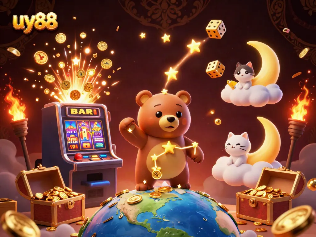 Experience excitement at uy88 with a 3D constellation bear and vibrant casino elements in a magical night scene.