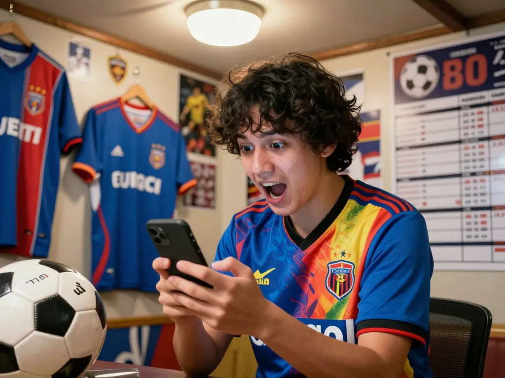 Live football excitement as a fan checks nowgoal scores in a vibrant soccer-themed room filled with memorabilia.