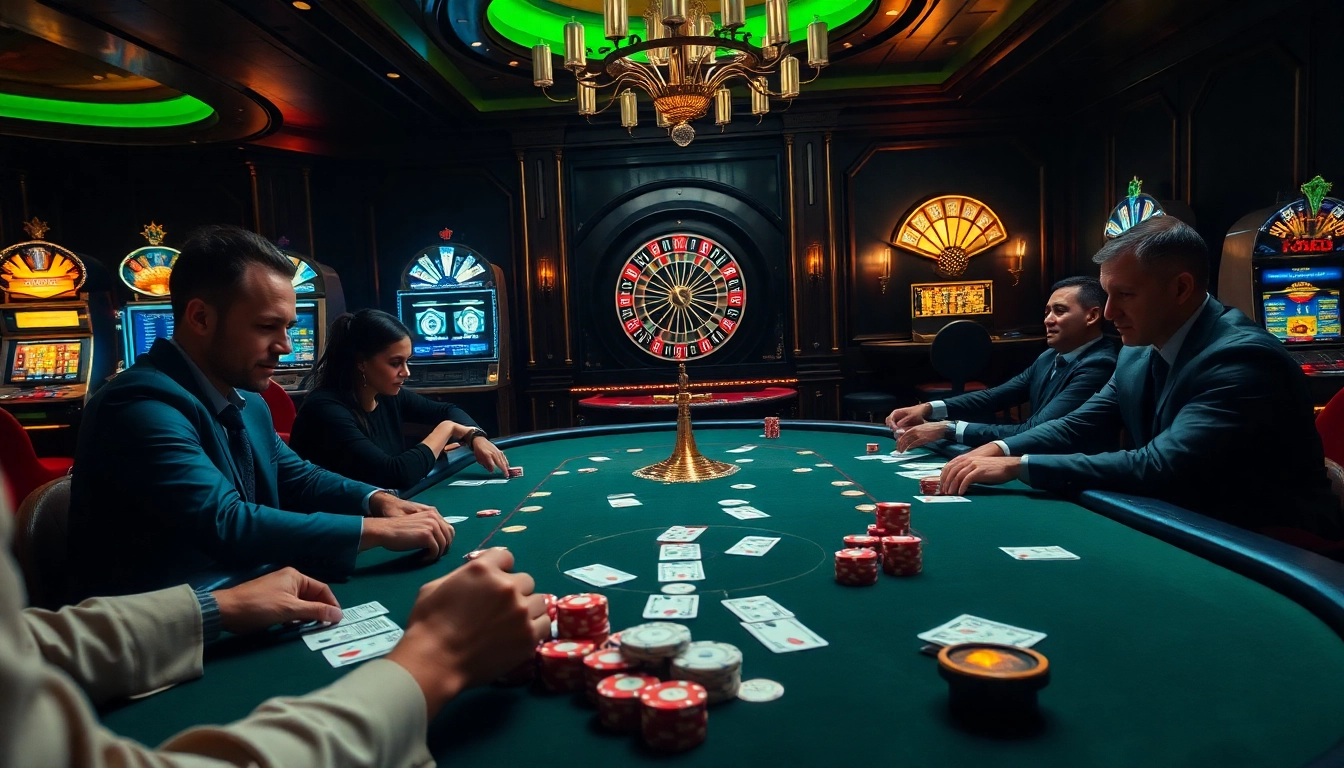 The excitement of a high-stakes game unfolds at https://555win5.co.com/ with players around a luxurious poker table.
