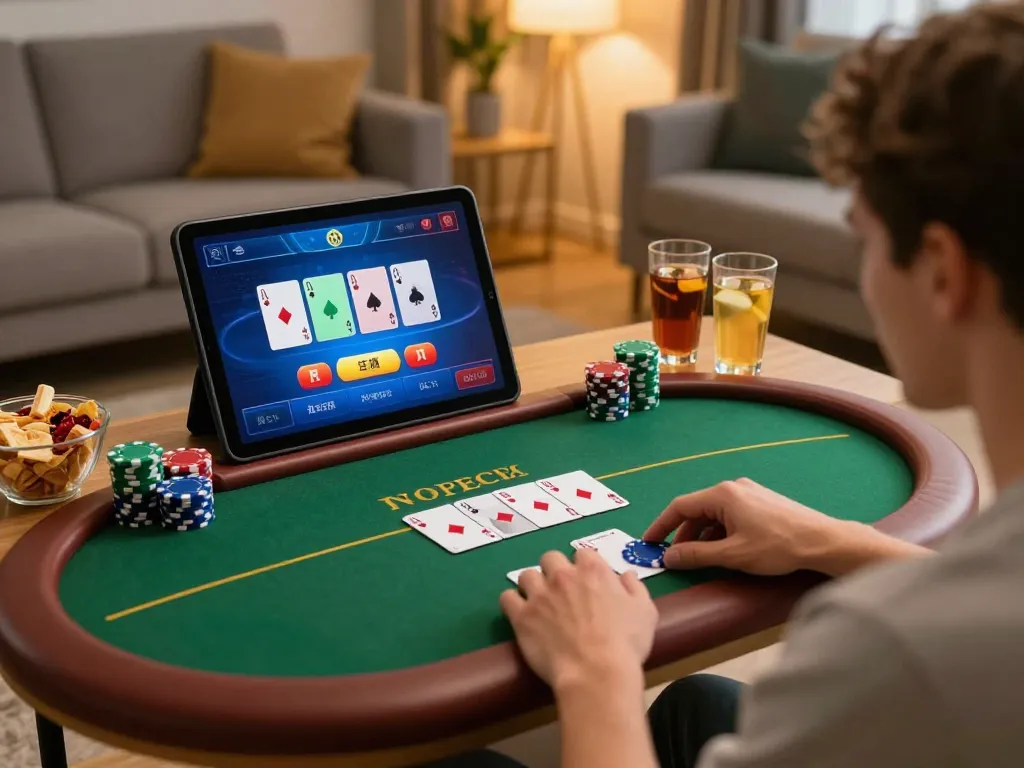 Engaging online poker game experience at home with lucky88z tablet interface and cozy setup.