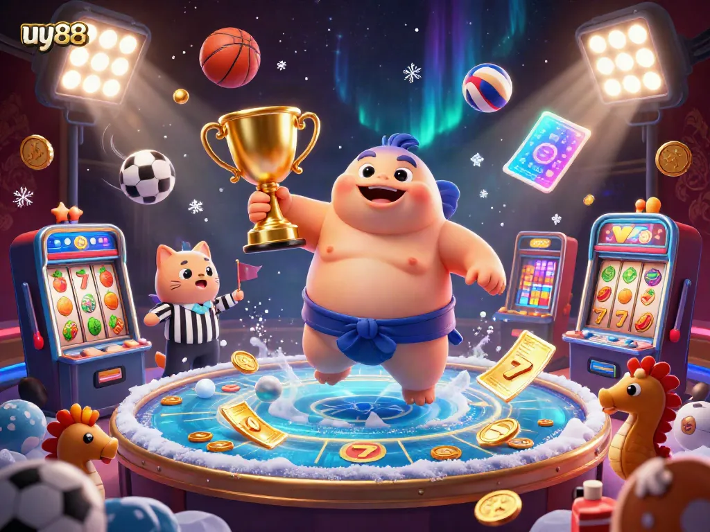 Experience the excitement of uy88 with vibrant slot machines and a festive underwater casino scene featuring a fugu in a mawashi.