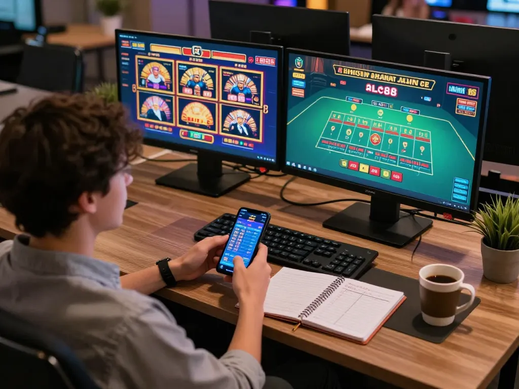 Engaging online casino player enjoying gaming strategies on alc88 platform with dual monitors.