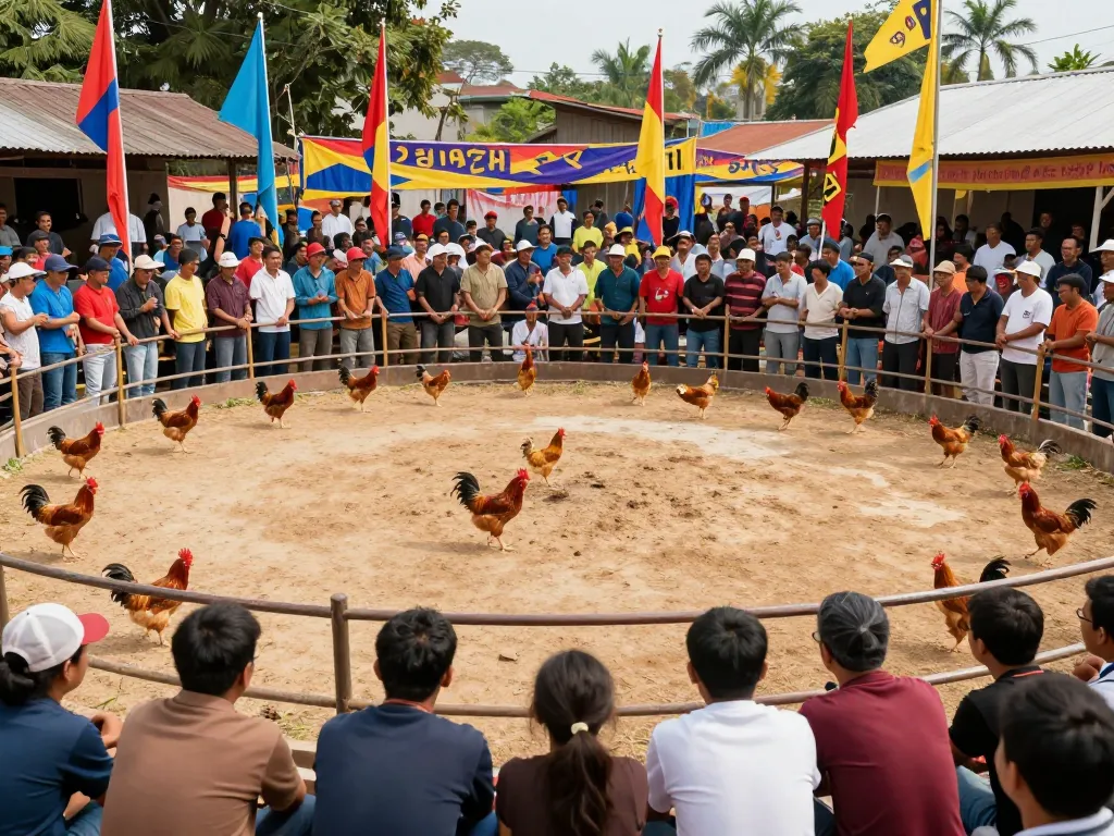 Xem những trận đá gà Thomo hồi hộp hôm nay tại một đấu trường ngoài trời sôi động với các khán giả phấn khích.