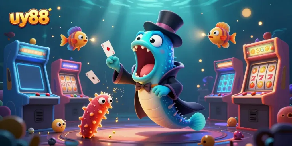 Engage with uy88 through captivating card tricks in a vibrant underwater casino scene featuring colorful characters.