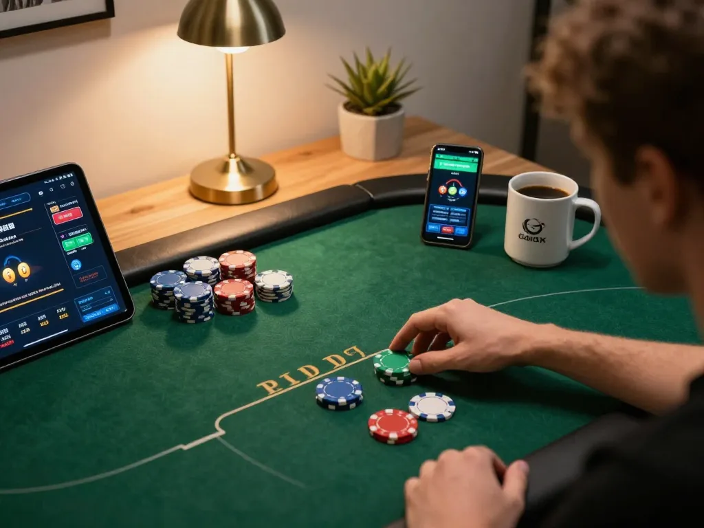VIPWIN user strategizing online poker gameplay on a tablet in a cozy home setting