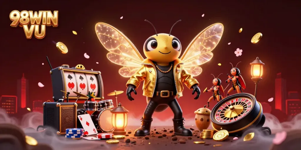 Experience the thrill of gaming with 98WIN VU's vibrant 3D casino scene featuring a celebrity-cicada musician and more.