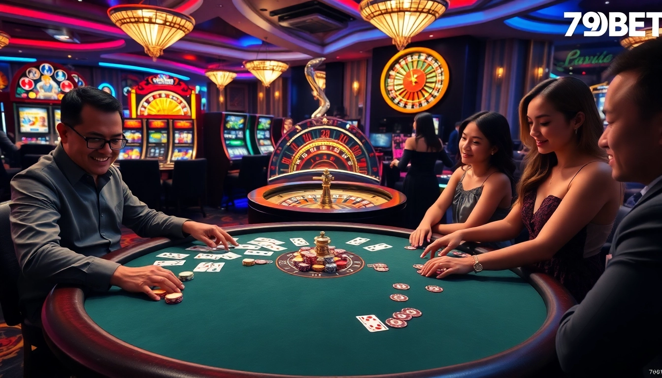 Experience the thrill of gambling with 789BET as players engage at a vibrant poker table and slots.