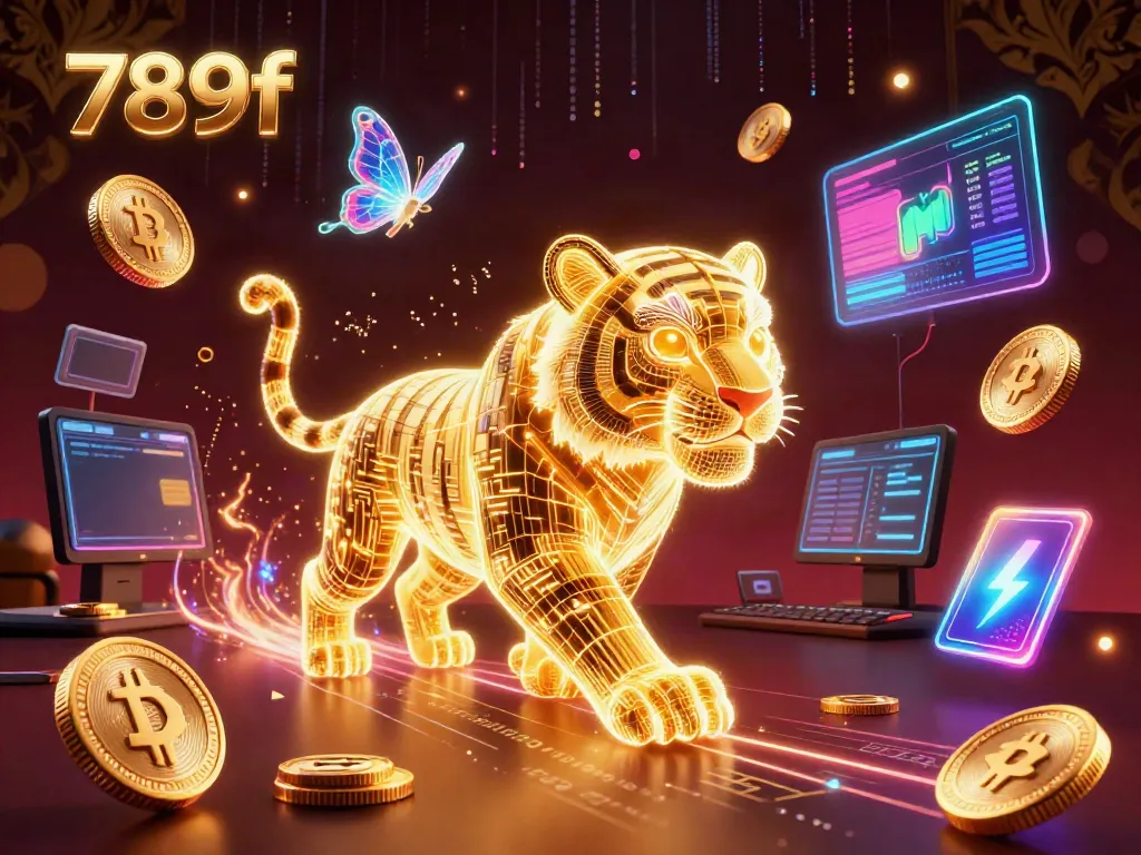 Engage with 789f's vibrant digital casino scene featuring a holographic golden tiger and crypto elements.
