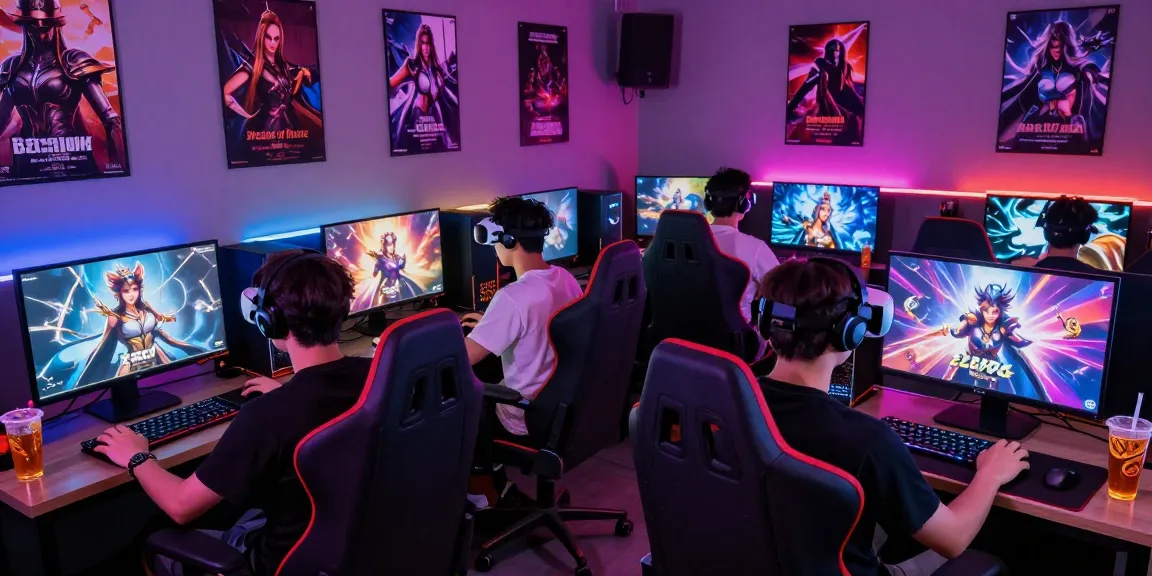 Engaged players exploring NSFW games in a colorful gaming lounge.