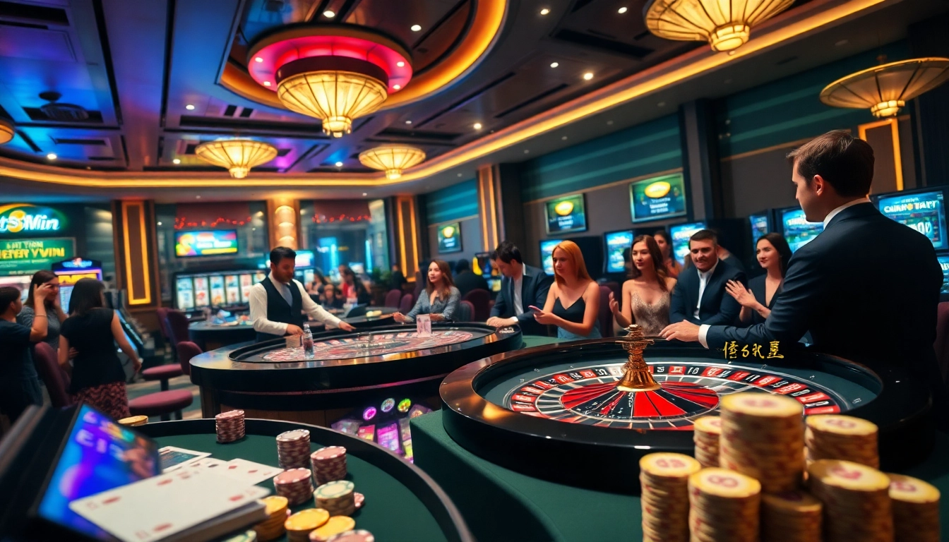Experience Rút tiền Sunwin at a lively casino with players winning and vibrant gaming elements.