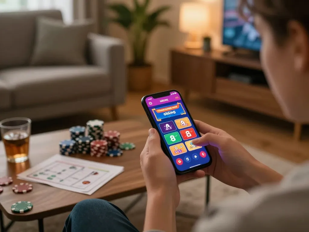 Using the okking app for mobile gambling in a cozy living room setup