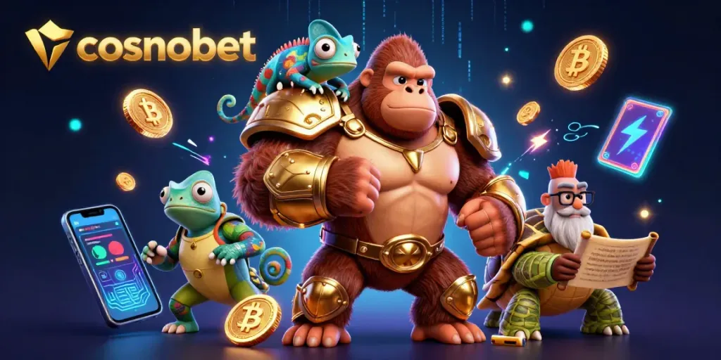 Cosmobet's animated 3D characters engage with vibrant crypto elements, showcasing online gambling excitement.