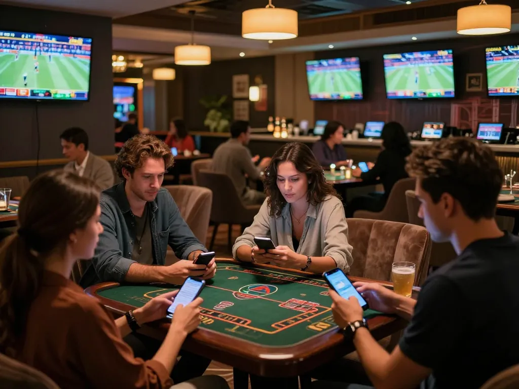 Patrons enjoying live sports betting at km777 casino lounge, with mobile apps in hand and screens displaying games.