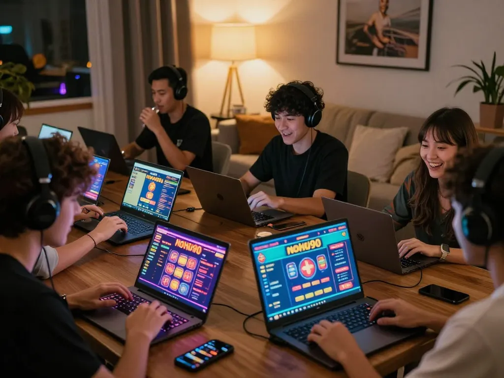 Players enjoying nohu90 online casino games on laptops and mobile devices in a cozy, vibrant environment