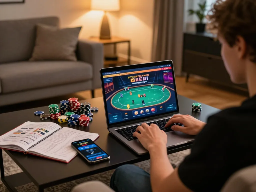 Player using tg887 for online poker, focusing on strategy and gaming experience at home