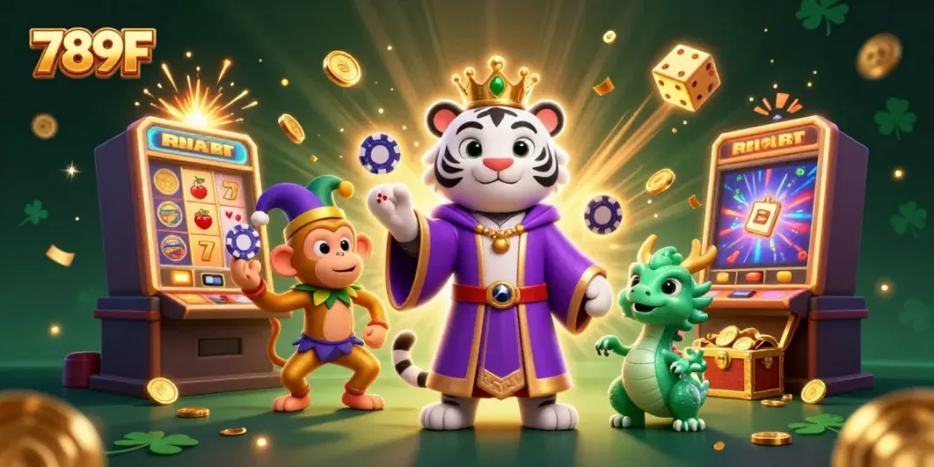 Engaging scene showcasing 789F with an elegant tiger, a jester monkey, and casino elements in a vibrant 3D illustration.