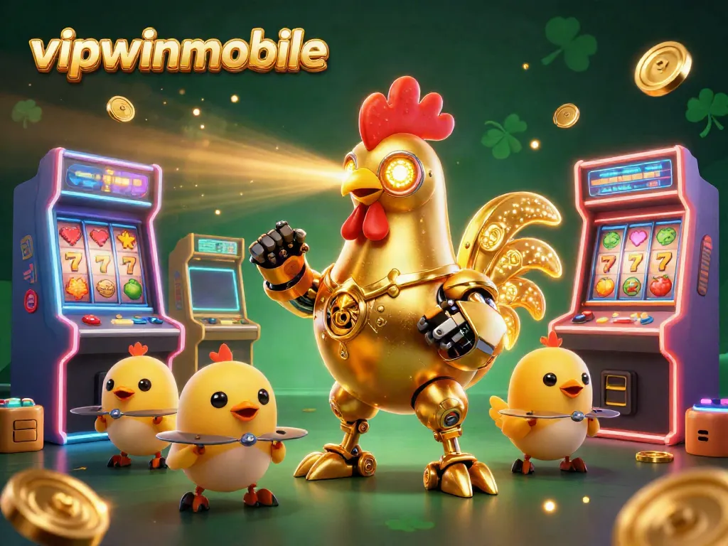 Engage in an exciting vipwinmobile casino experience, highlighting a golden rooster robot and gold-themed gaming elements.