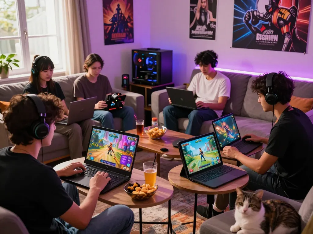 Friends playing engaging porn games in a cozy living room, showcasing vibrant game graphics.