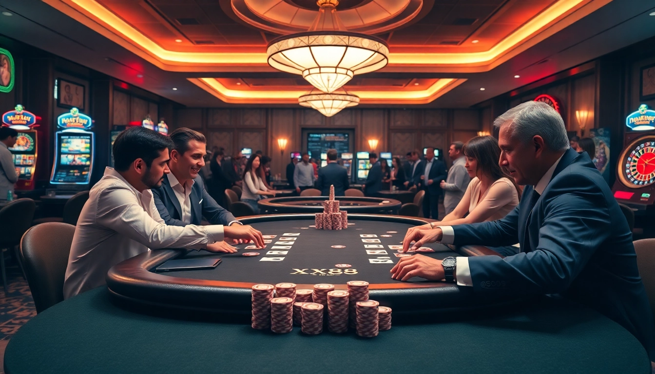 Experience high-stakes poker at XX88's elegant casino, showcasing excitement and luxury.