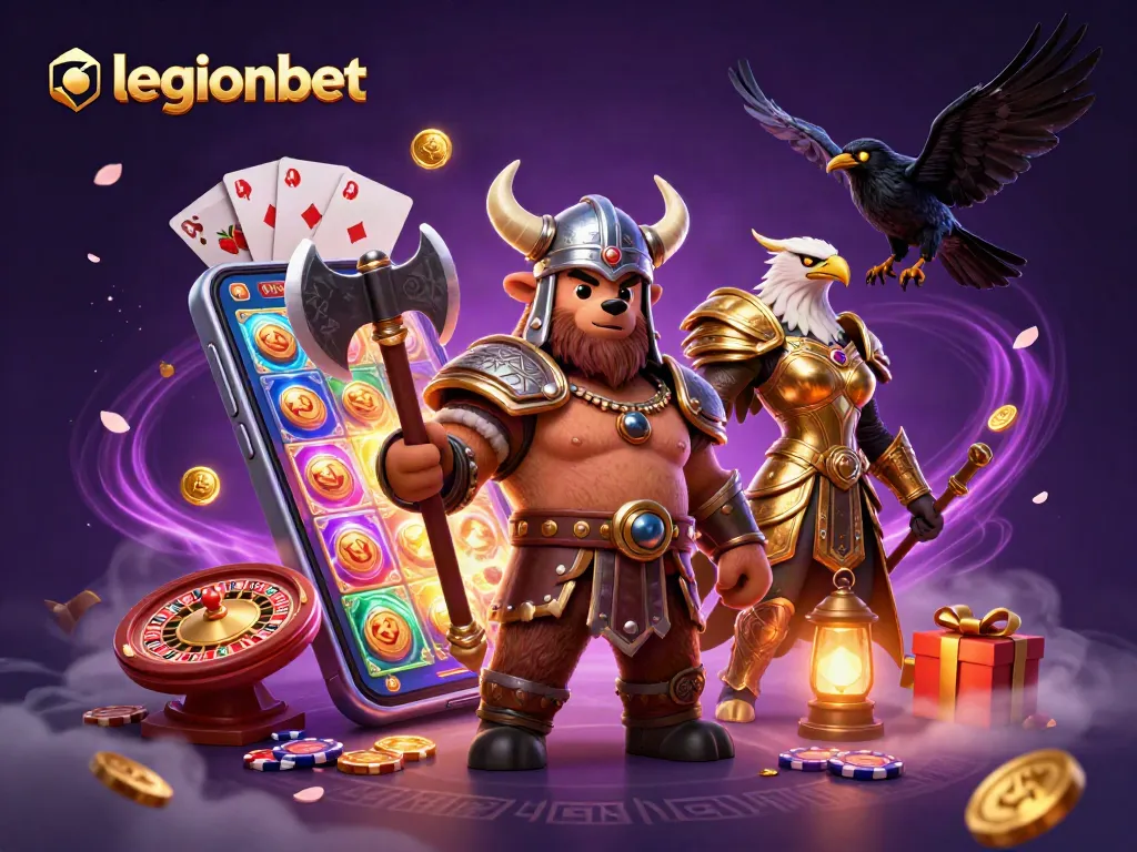Experience thrill with legionbet in a dynamic casino adventure illustration featuring iconic gaming symbols.