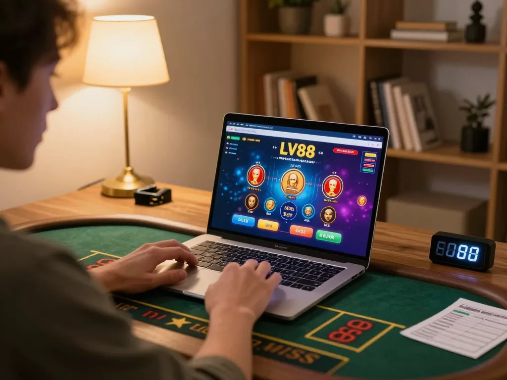 Player engaging with LV88 online casino games in a cozy home setup