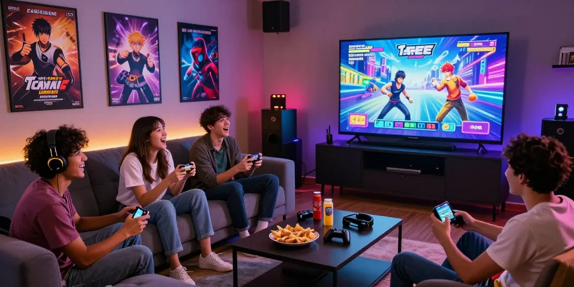A lively gathering of friends playing free ecchi games in a vibrant gaming lounge filled with colorful decor and snacks.