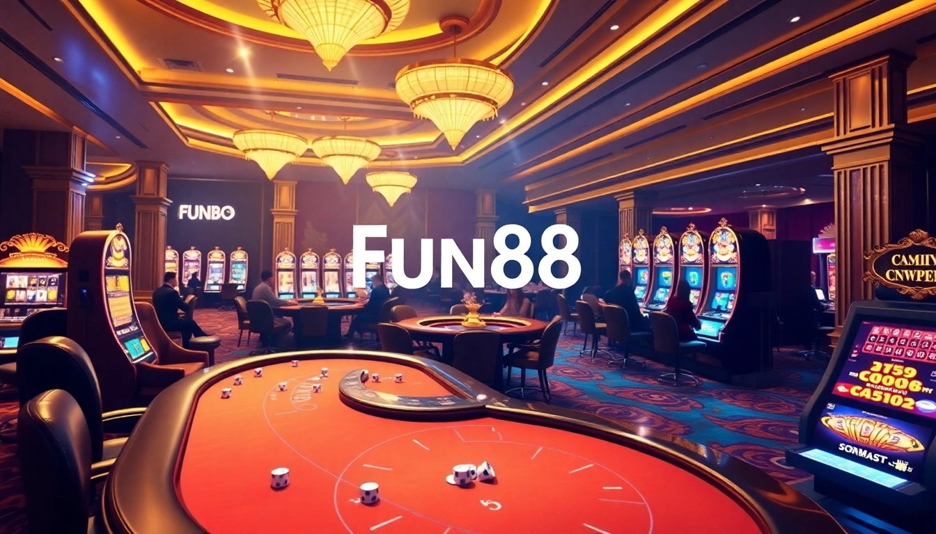 Experience thrilling gameplay at Fun88 link featuring luxurious casino tables and colorful slot machines.