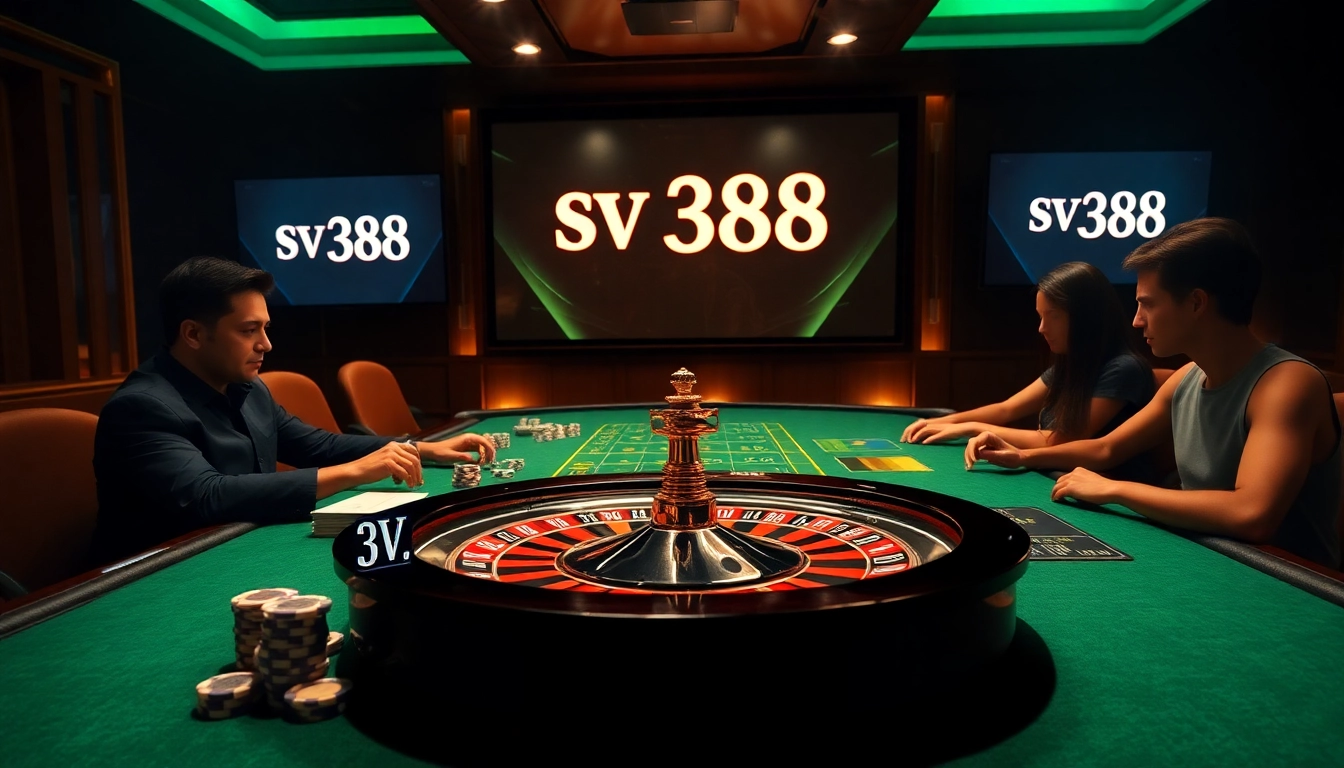 Engaging players immerse in sv 388 online gambling, showcasing poker and roulette excitement.