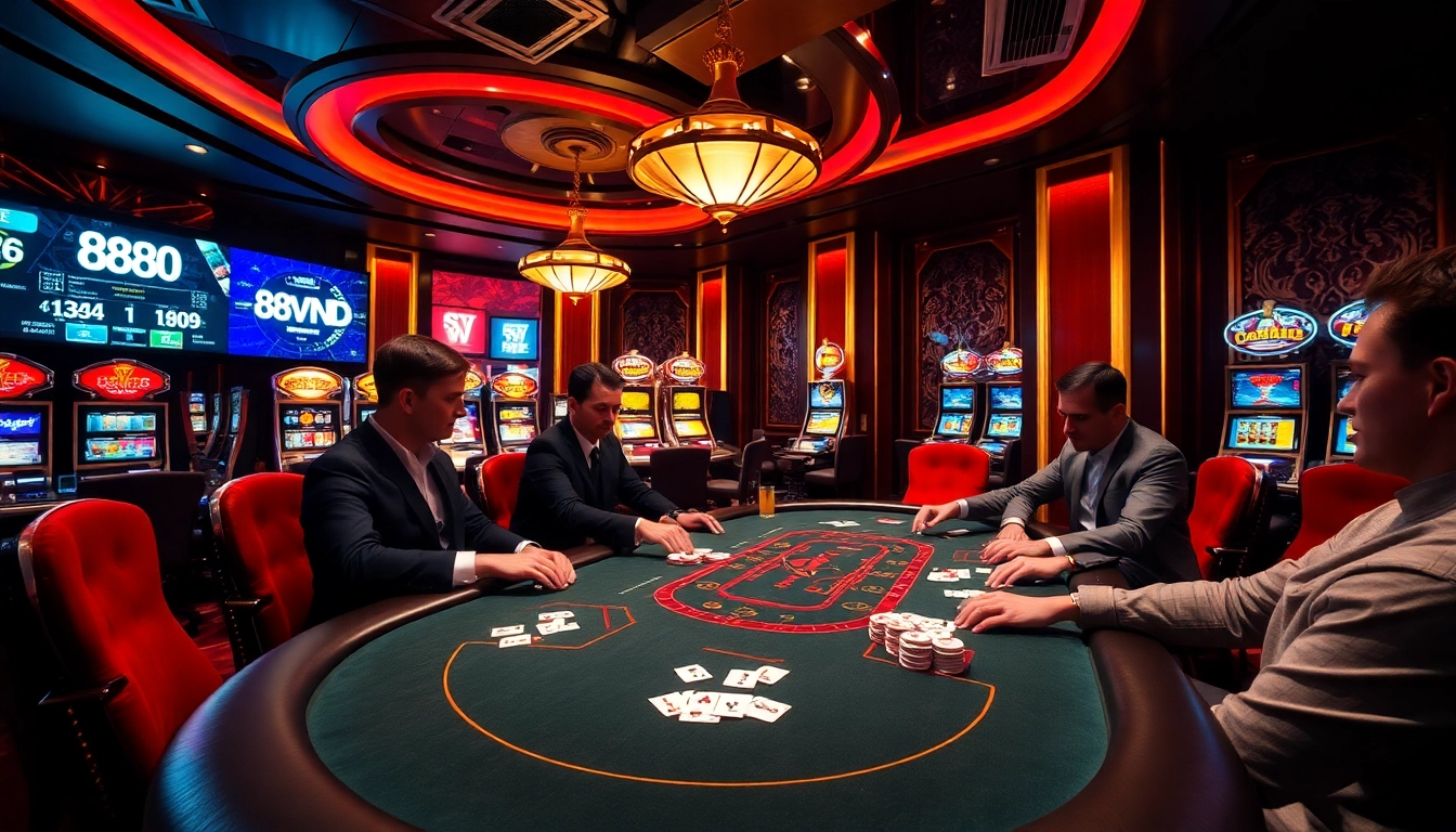 Intense poker game with players and chips showcasing 888vnd excitement in a luxury casino.