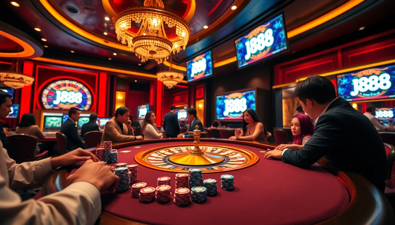 High-stakes poker players engaged in a thrilling j88 gambling experience amidst a vibrant casino atmosphere.