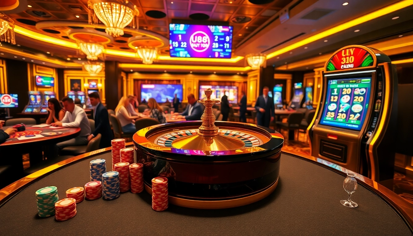 Players enjoying a thrilling casino experience at uu88vn.com with colorful slot machines and poker chips.