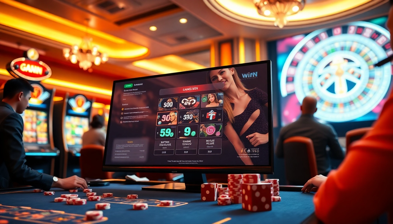 Immerse in win vn excitement with roulette and slot machines in a sleek casino setting.