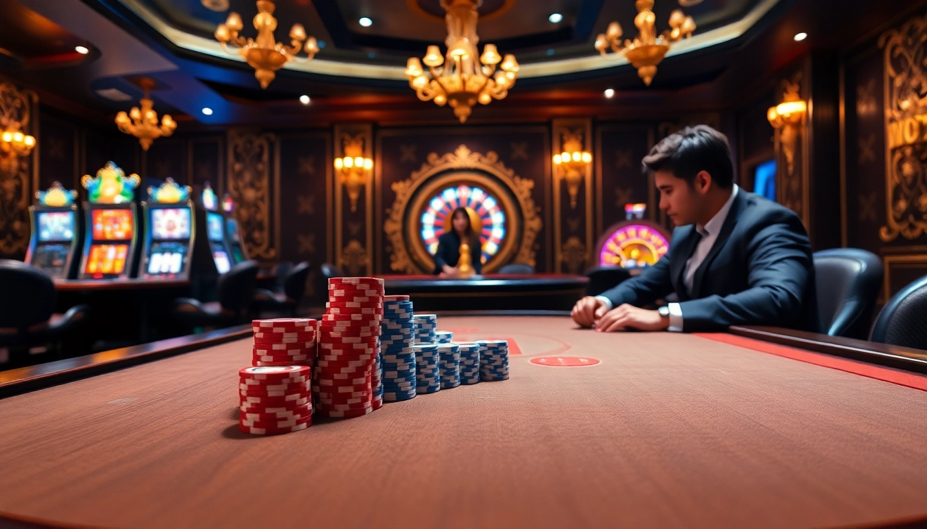 Engaged players enjoying Game bài 8KBET at an upscale casino table.