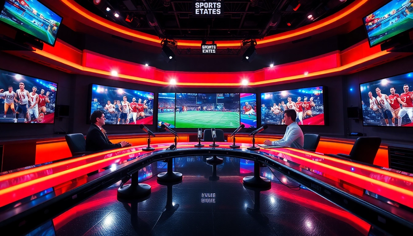 Dynamic scene of sports broadcasting with hosts and screens showcasing live events.