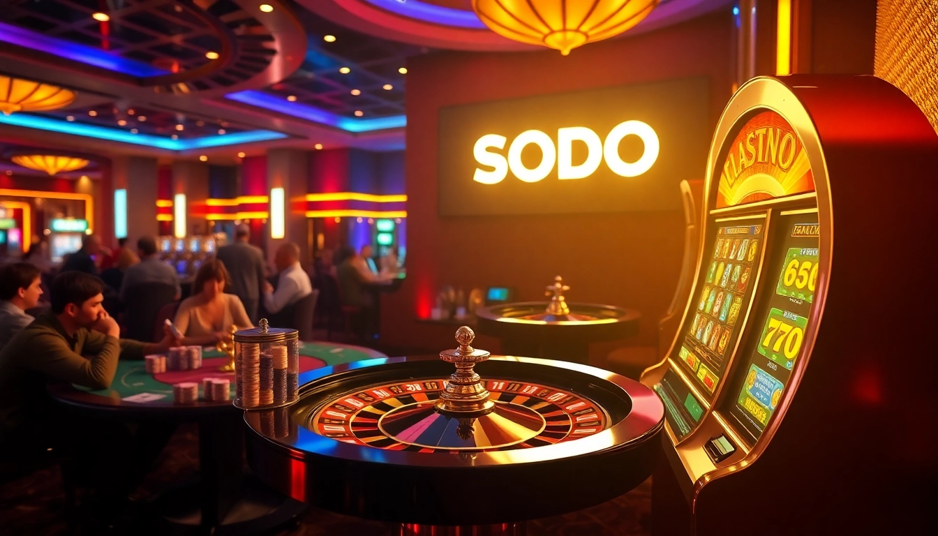 SODO Casino's luxurious gaming experience featuring poker chips and a roulette table in a vibrant atmosphere.