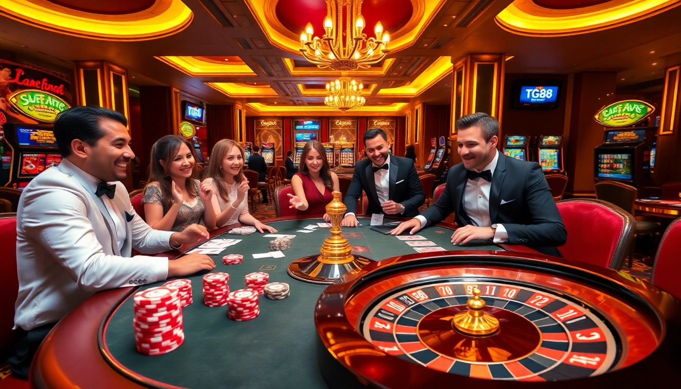 Experience the excitement of tg88 at a luxurious casino with vibrant gaming tables and eager players.