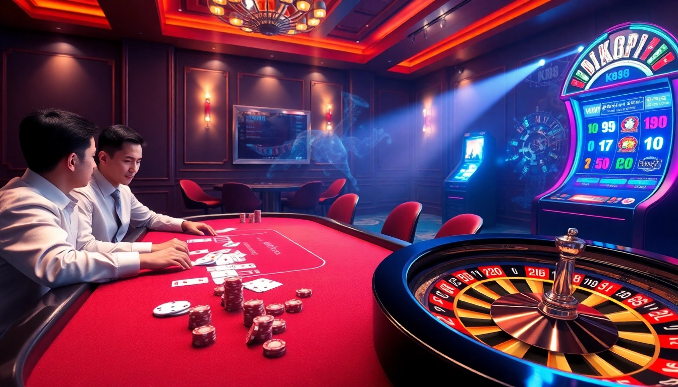 NK88 online casino scene with high-stakes poker, roulette, and flashy slot machines