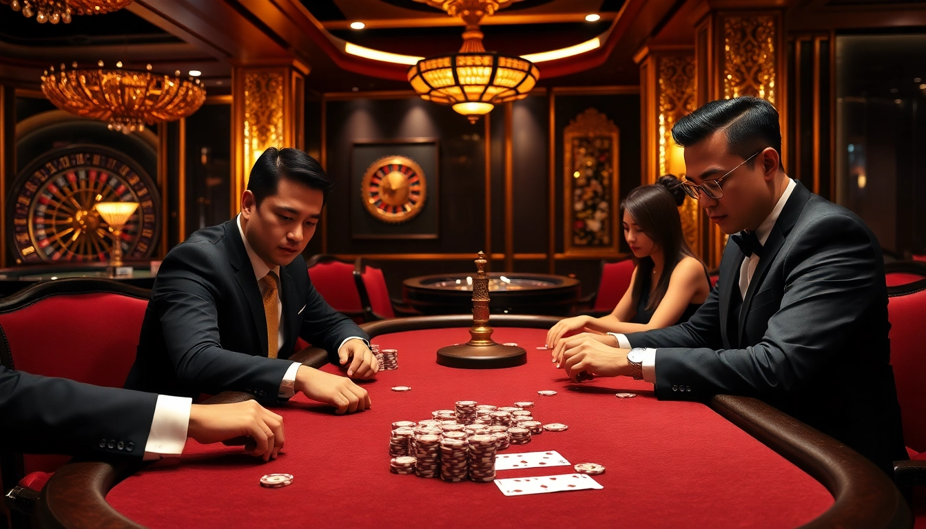 Players strategize at a poker table in a luxurious casino, engaging with 888vnd stakes.