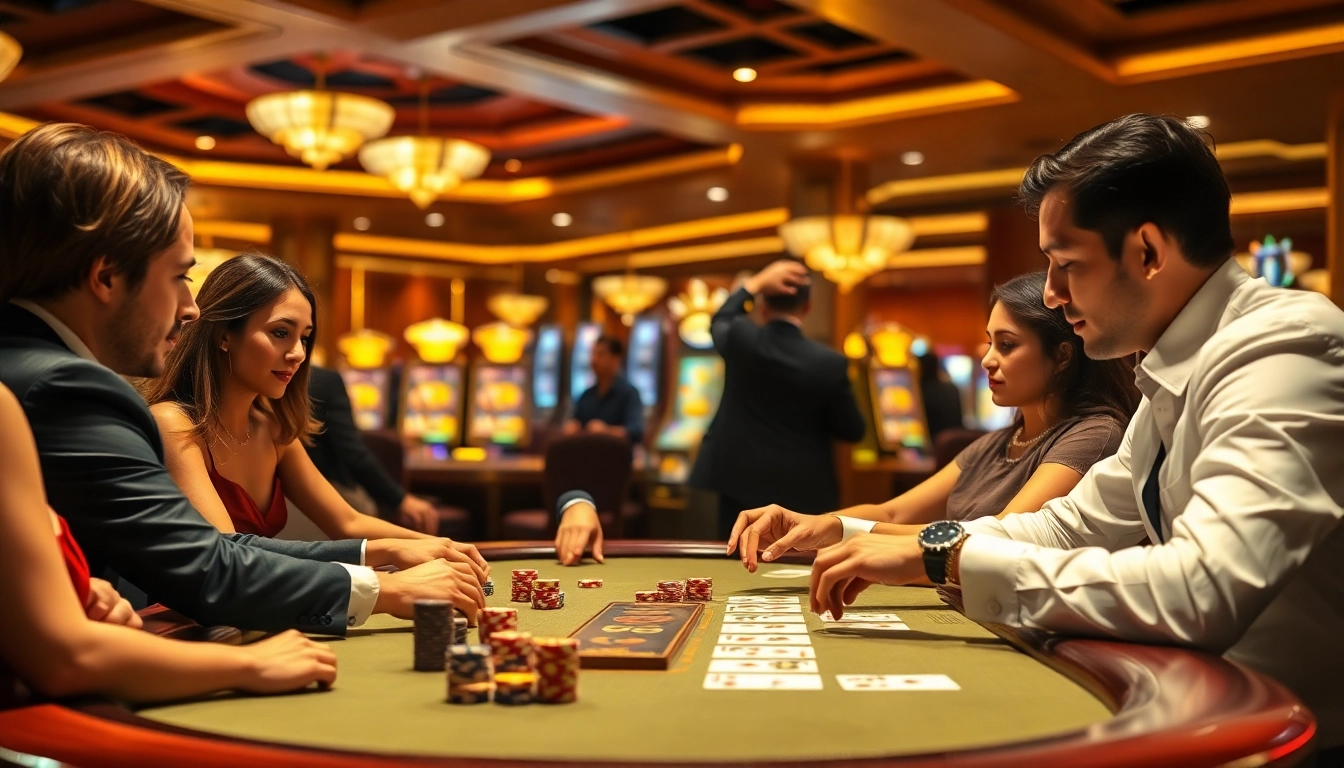 S666 Casino: Players enjoying an exciting high-stakes poker game in a luxurious setting.