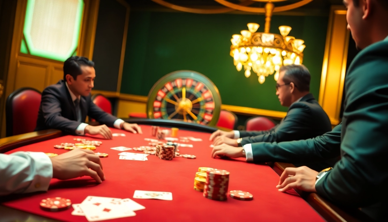 Experience the excitement of a tr88 win at an elegant casino table with players and colorful chips.