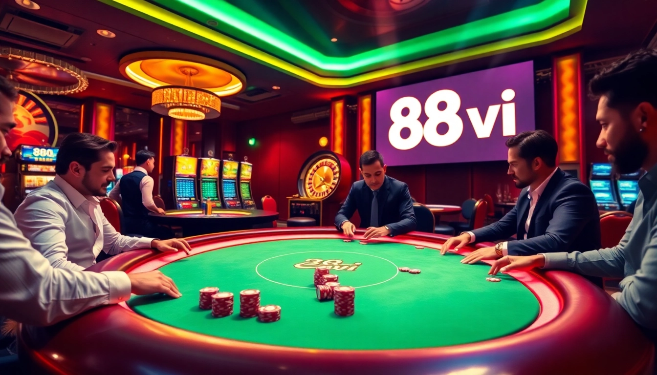 Players engage in professional poker at a lavish casino table, experiencing the excitement of 888vi gambling.