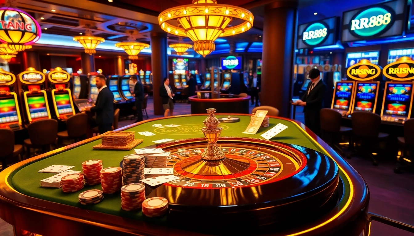 Experience RR88 excitement at a vibrant casino table with poker chips and cards.